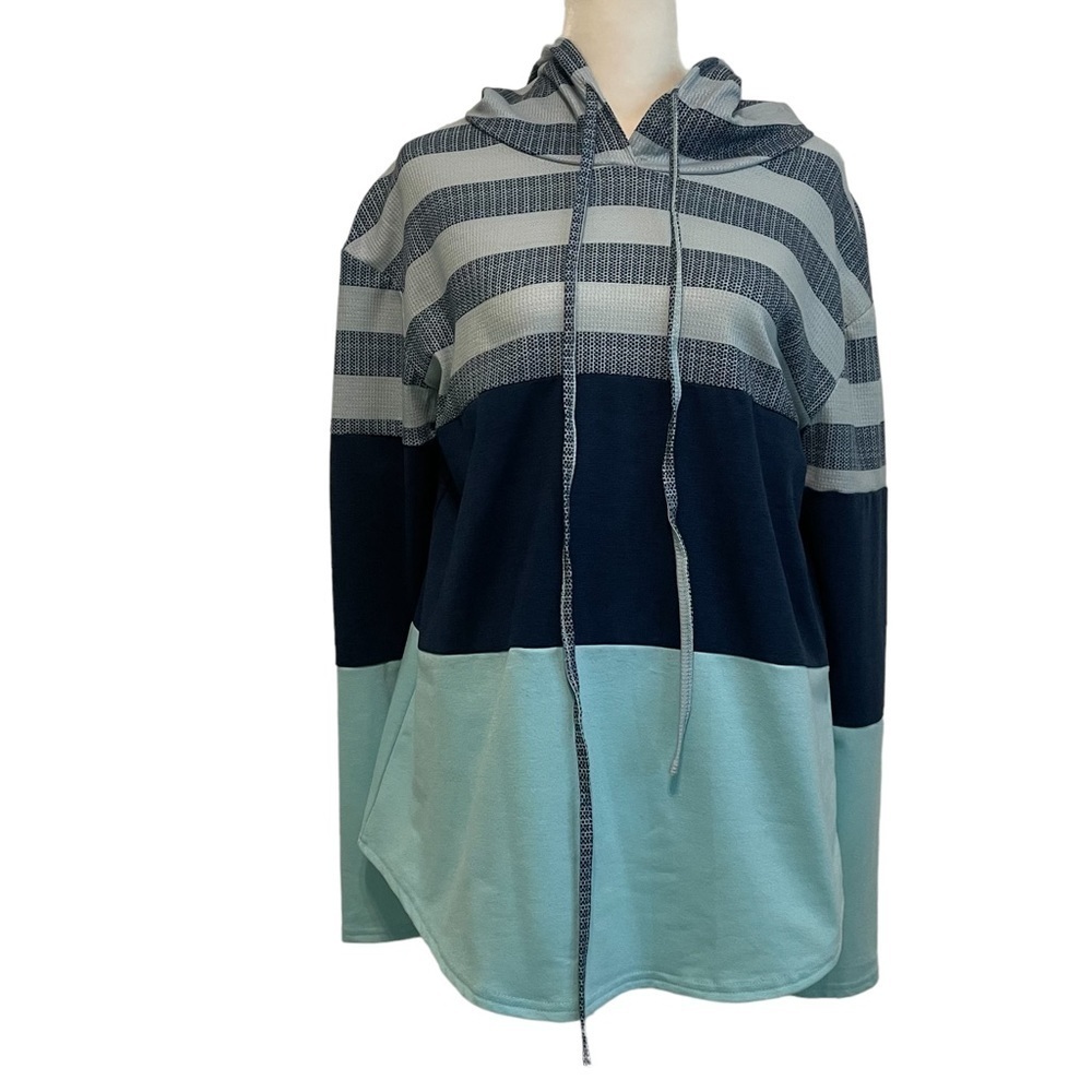 Navy and Aqua Blue Color Block Long Sleeve Hoodie Size S Women